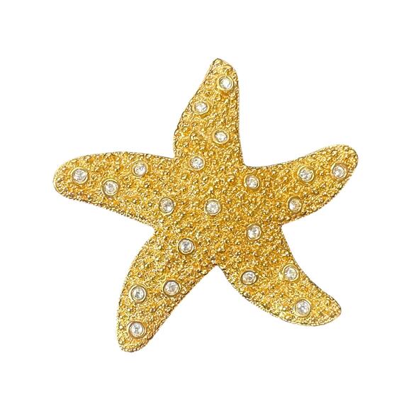 1990s Swarovski Textured Gold Tone White Crystal Rhinestones Starfish Brooch Pin - Picture 1 of 3